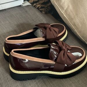 Patent Bow-Trim Loafers in Burgundy with Tan Trim